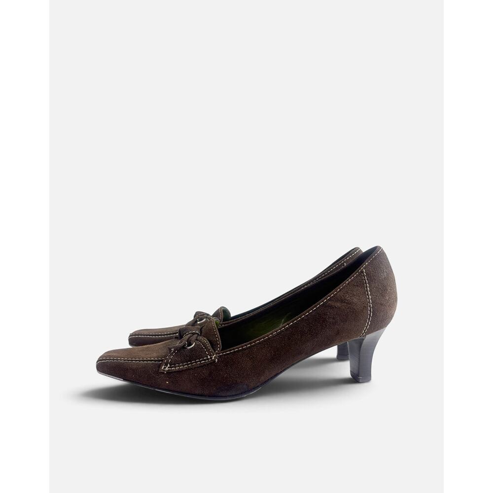 VTG Y2K Ann Taylor Dark Brown Suede Square Toe Bow Tie Kitten Pumps Sz 7.5